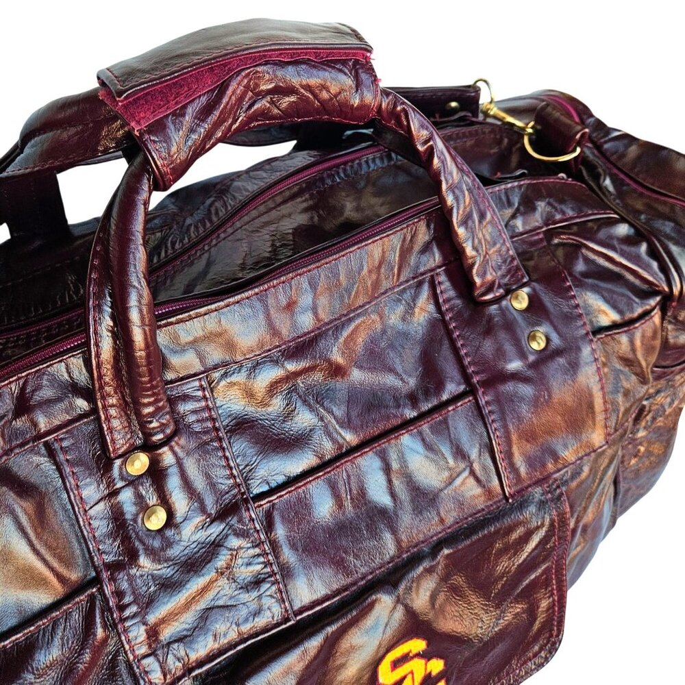 USC Trojans Vintage Patchwork Maroon Leather Duffel 22" Carroll Leather 70s-80s - Picture 4 of 12
